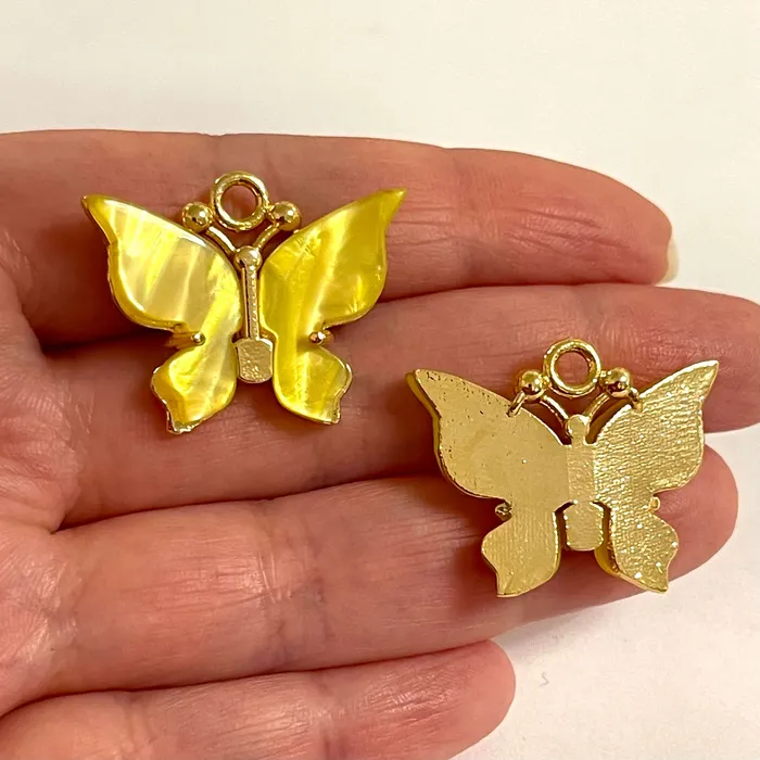 24Kt Gold Plated Brass Hand Made Yellow Resin Butterfly Charms 29x23mm Peppy Beads Earrings 24Kt Gold Plated Brass Hand Made Yellow Resin Butterfly Charms 29x23mm Peppy Beads Earrings
