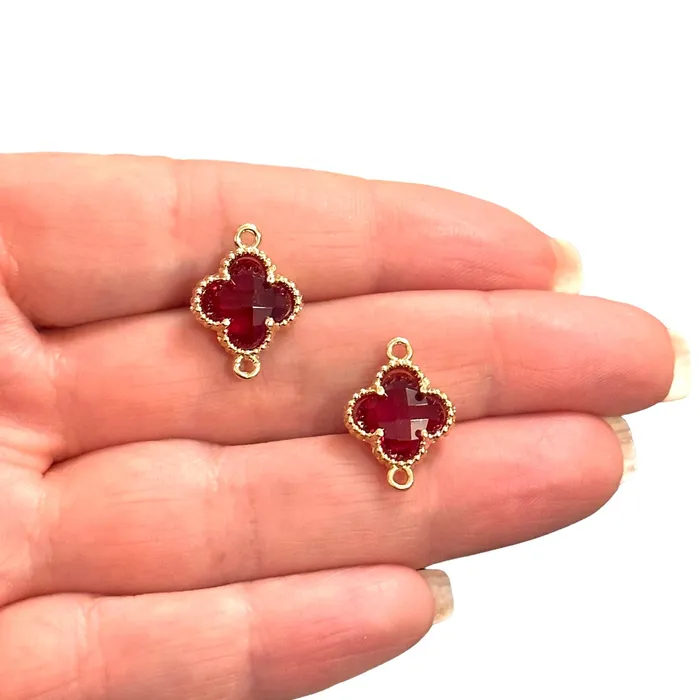 24Kt Gold Plated Ruby Glass Clover Connector Charm 2 pcs in a pack Peppy Beads Earrings 24Kt Gold Plated Ruby Glass Clover Connector Charm 2 pcs in a pack Peppy Beads Earrings