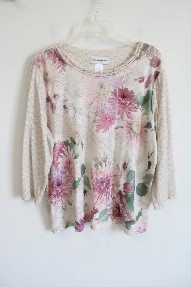 Alfred Dunner Alfred Dunner Tan Pink Green Floral Long Sleeve Top XL Rings