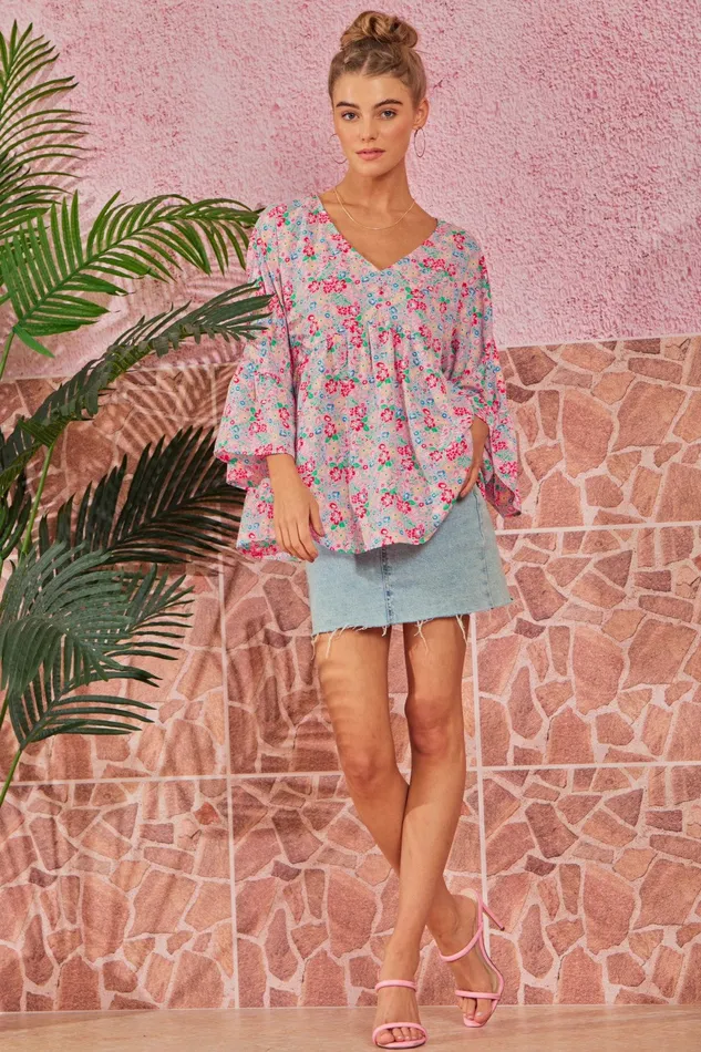 ANDREE BY UNIT Rings V NECKLINE FLORAL PRINT BABYDOLL TOP BLUSH MULTI COLOR