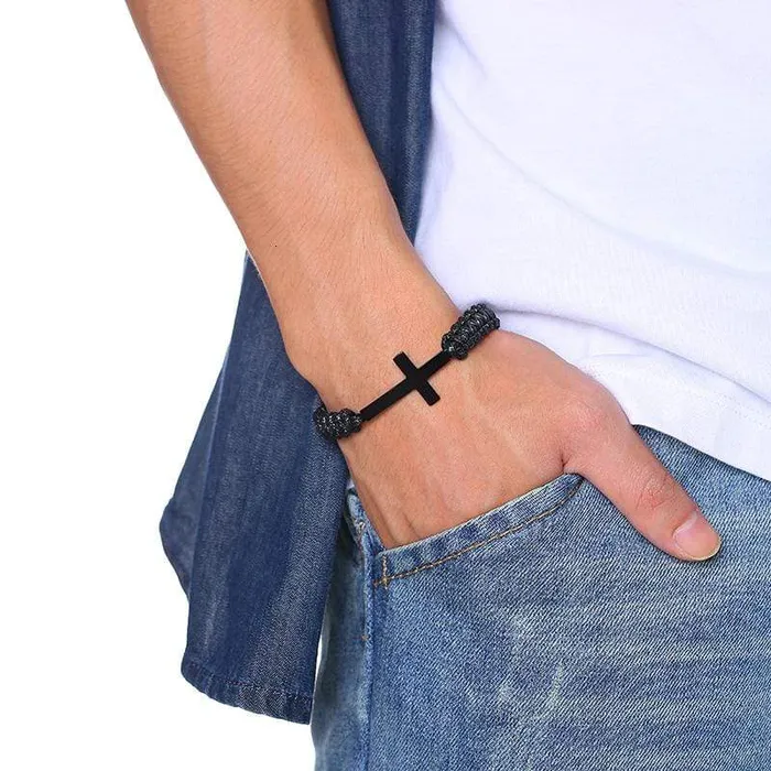 Bracelets Lords Guidance Mens Cross Bracelet br Black Rope