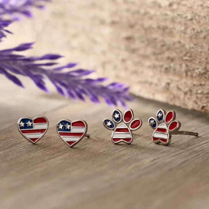 Chadds Ford Jewelry Sterling Silver American Flag Studs Duo Rings