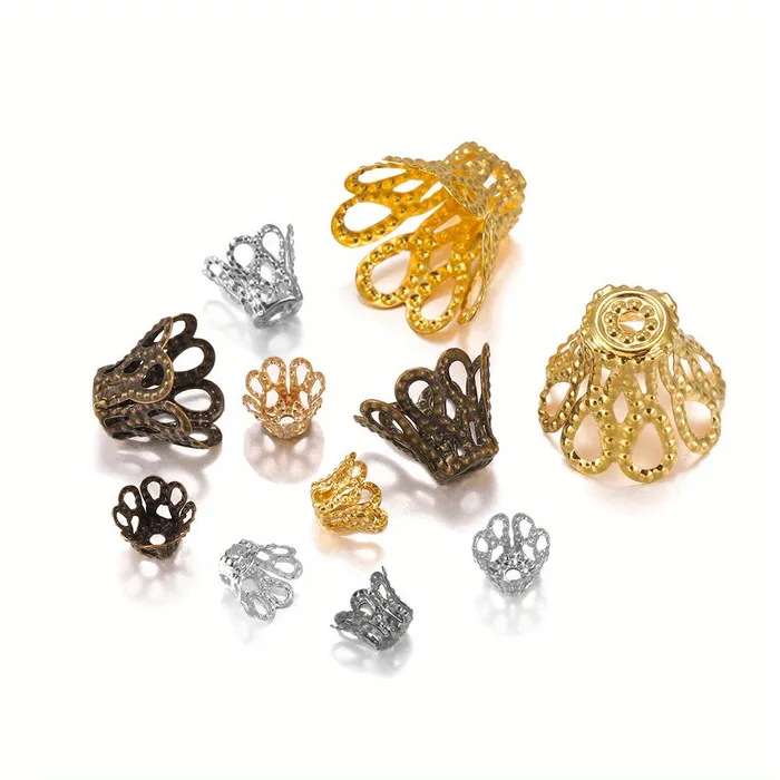 DS Rings Wine Glass Hollow Flower Horn Bead Holder End Cap Beads 100pcspack Silver Golden Metal