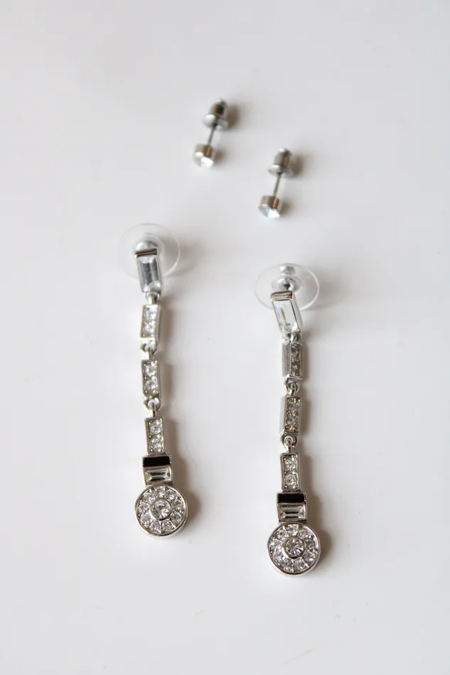 Earrings Jubilee Thrift Silver Clear Rhinestone Drop Earring Studs Set