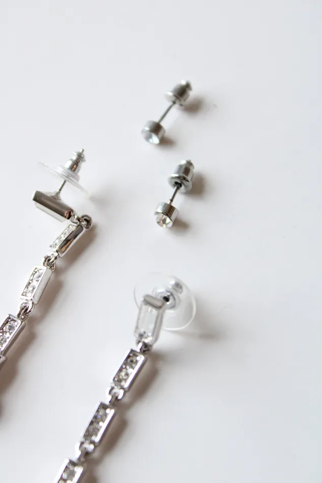 Earrings Jubilee Thrift Silver Clear Rhinestone Drop Earring Studs Set