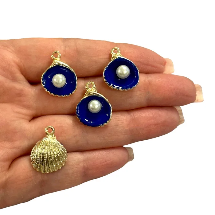 Earrings Peppy Beads 24Kt Gold Plated Navy Enamelled Oyster Charms With Pearl 4 pcs in a pack Earrings Peppy Beads 24Kt Gold Plated Navy Enamelled Oyster Charms With Pearl 4 pcs in a pack