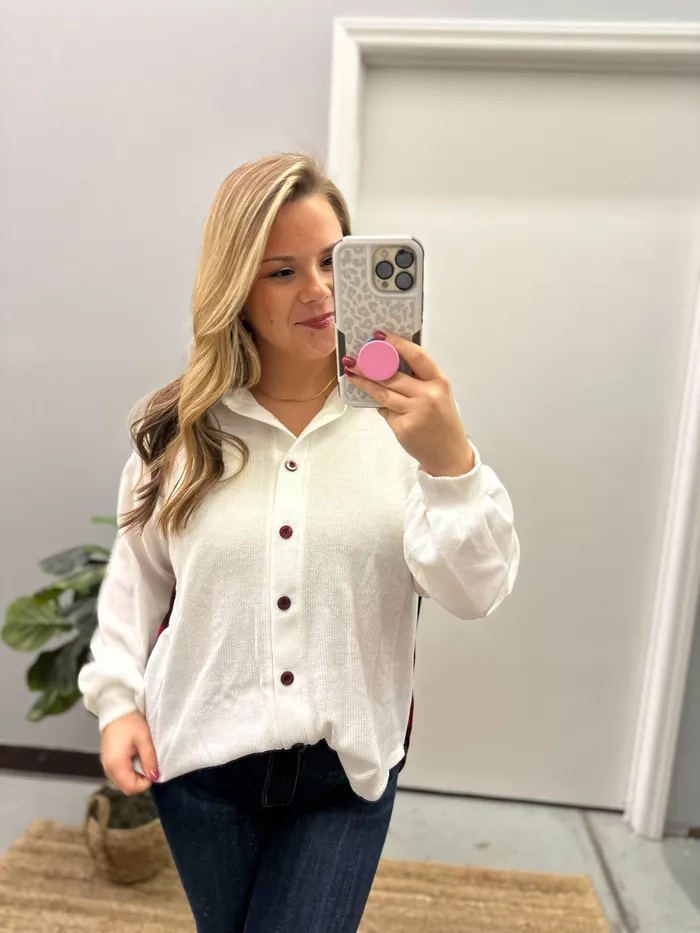 Here Forever Buffalo Plaid Button Down TopShacket White Birch Necklaces