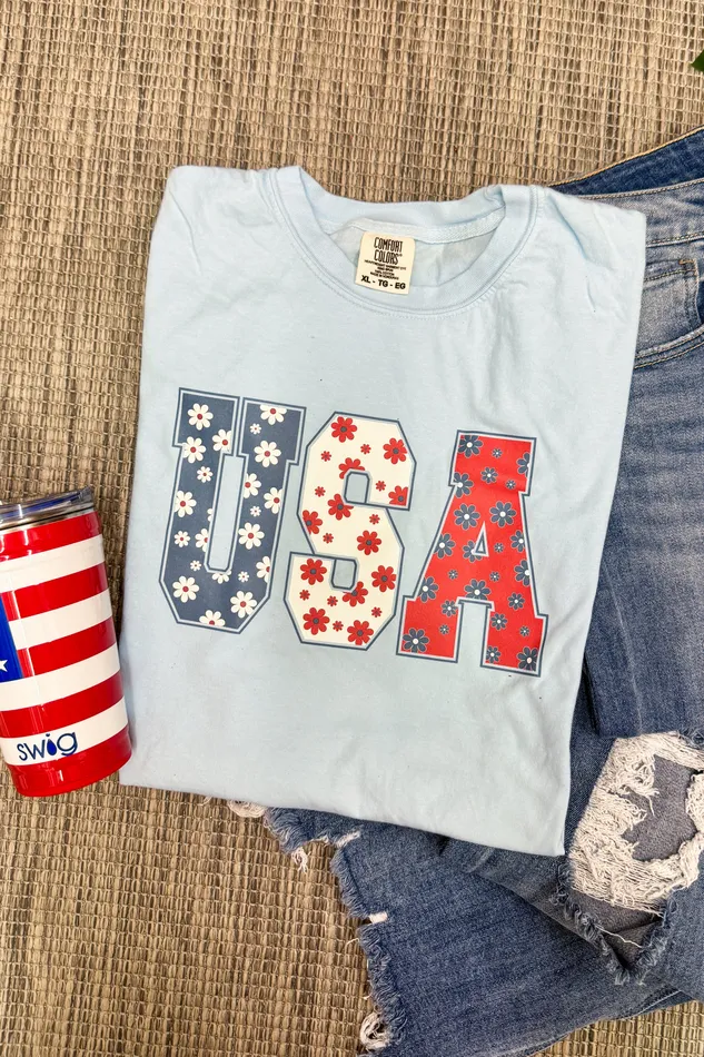 JL Franklins Rings USA Floral Letters Graphic Tee Chambray