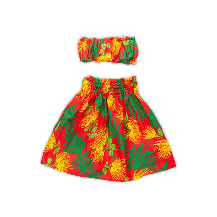 MALULANIO Malulani Keiki Childs Pau Hula Cotton Skirt Top Earrings
