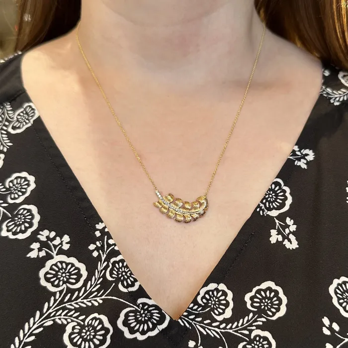 Necklaces OTC MidCentury 14K Yellow Gold Diamond Feather Necklace