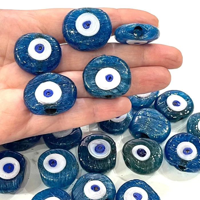 Necklaces Peppy Beads Traditional Turkish Artisan Handmade Glass Teal Blue Evil Eye Beads Large Hole Evil Eye Glass Beads 25 Beads per pack