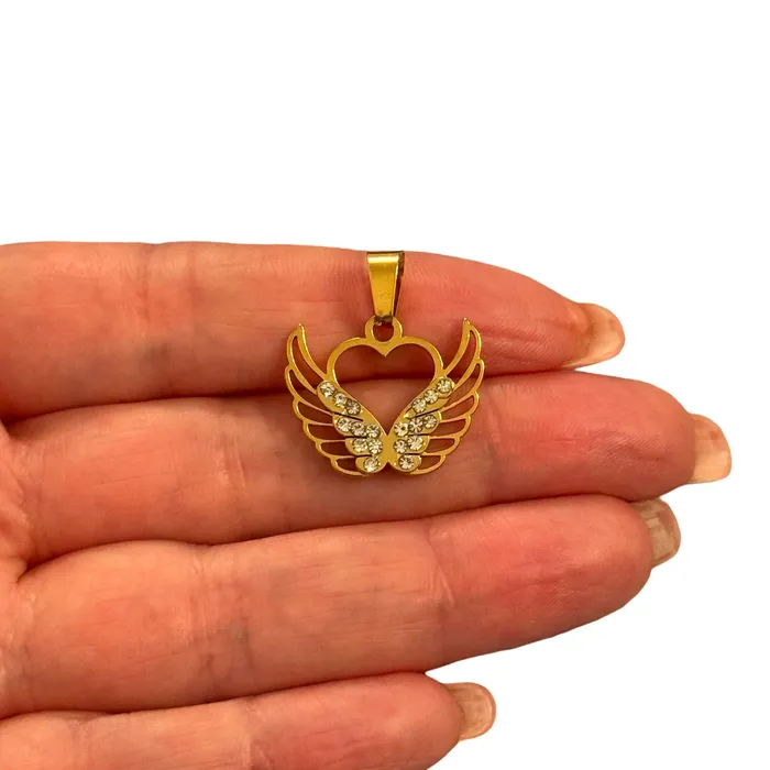 Necklaces Peppy Beads Waterproof Gold Winged Heart Pendant with CZ Accents and Attached Bail