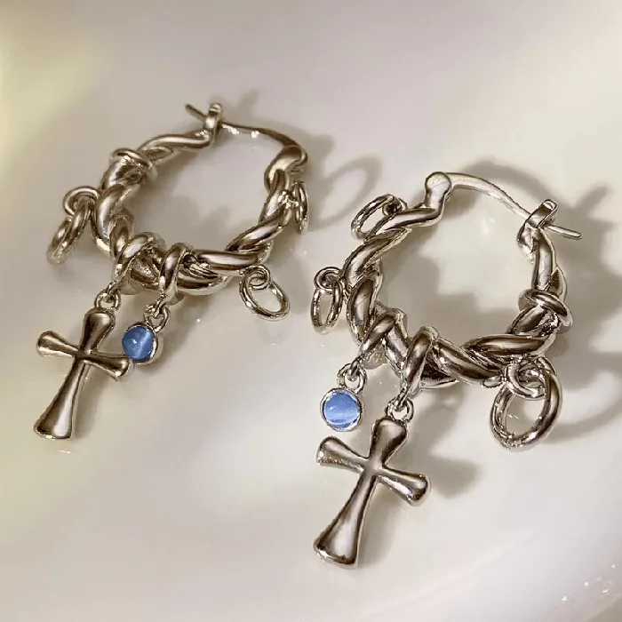 Opal Bead and Cross Symbol Hoop Earrings Lords Guidance Earrings