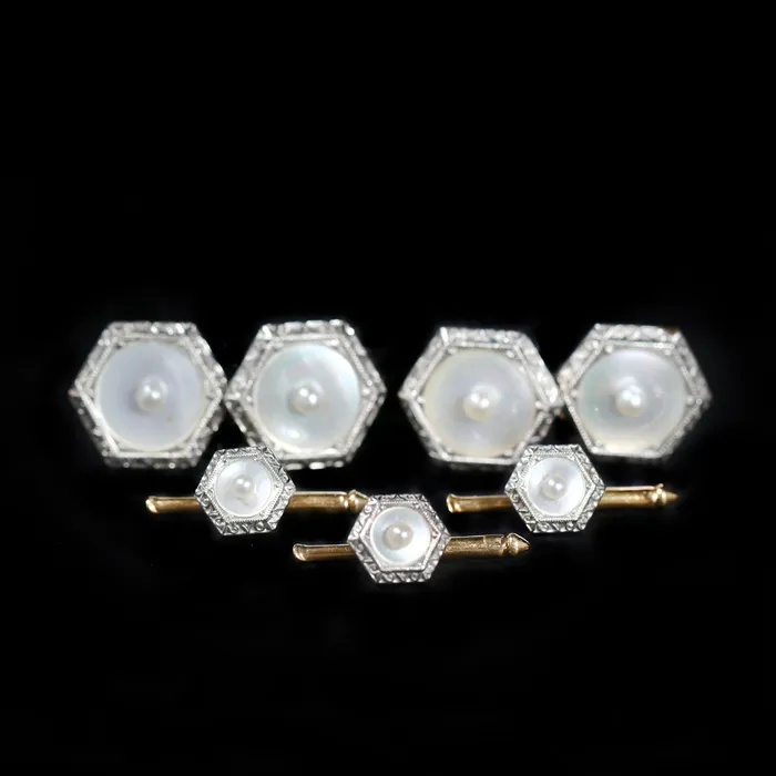 OTC Earrings Edwardian Mother of Pearl Cufflink and Stud Dress Set