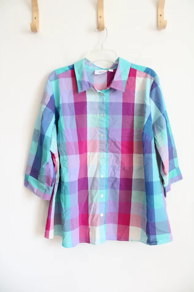 Rings Denim Co Denim Co Pink Blue Plaid Button Down Top 2X