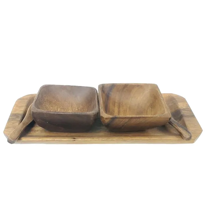 Rings ISLANDERGRP Acacia Wood Condiment Tray with Bowls Spoons 5Piece Set
