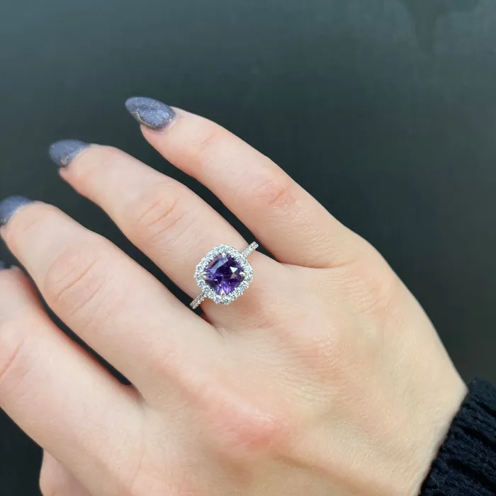 Rings JS Simmons Diamond Consultants 18K White Gold GIA 243 Carat Purple Sapphire and Diamond Ring
