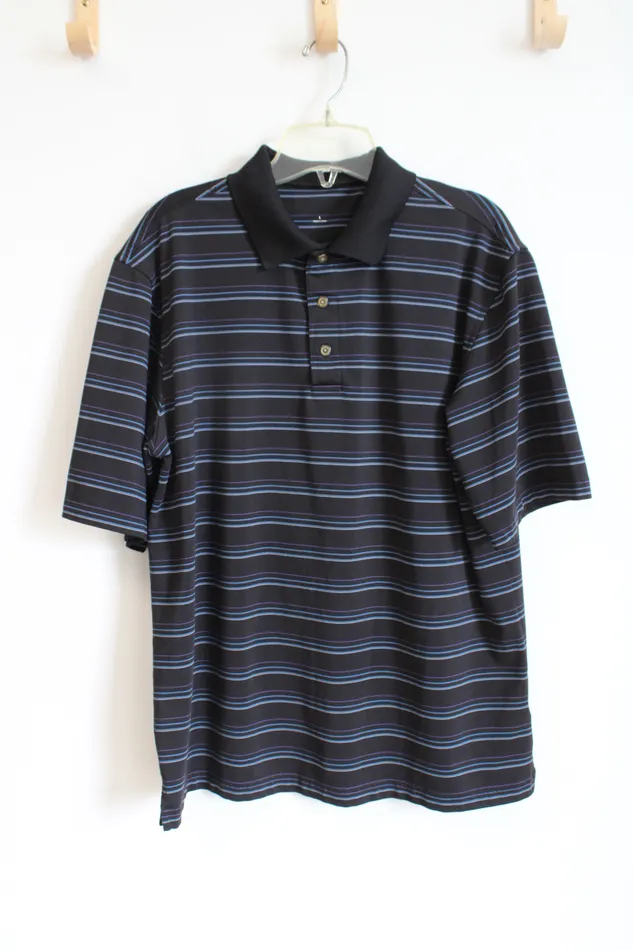 Rings Jubilee Thrift Blue Purple Striped Black Polo Shirt L