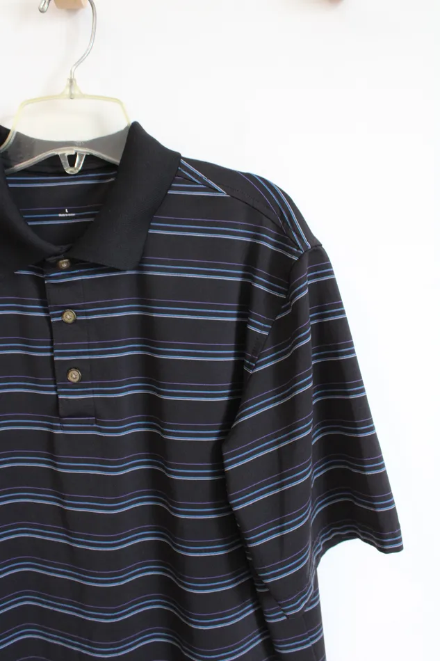 Rings Jubilee Thrift Blue Purple Striped Black Polo Shirt L