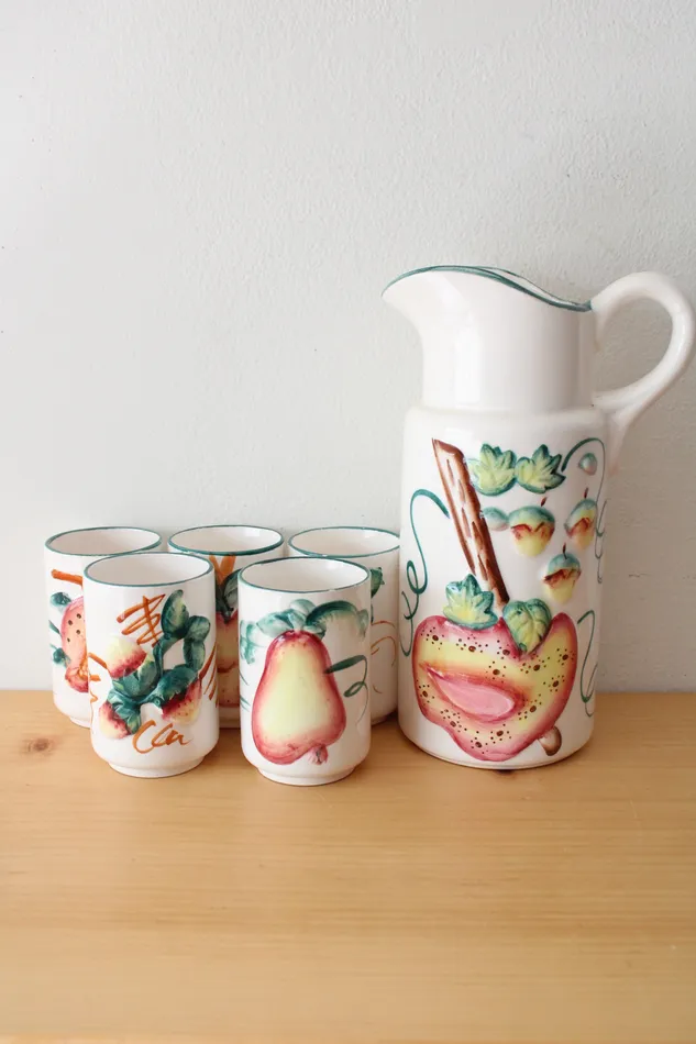 Rings Jubilee Thrift Vintage White Ceramic Fruit Pitcher Glasses Set Of 6