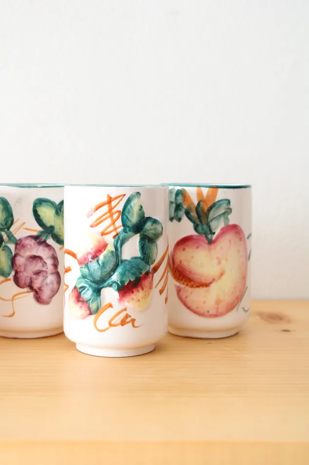 Rings Jubilee Thrift Vintage White Ceramic Fruit Pitcher Glasses Set Of 6