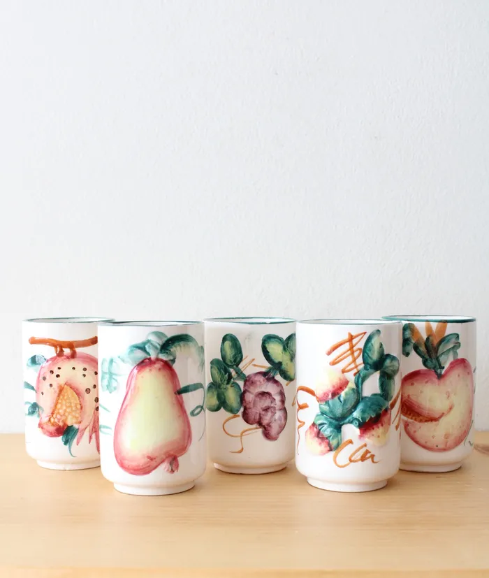Rings Jubilee Thrift Vintage White Ceramic Fruit Pitcher Glasses Set Of 6