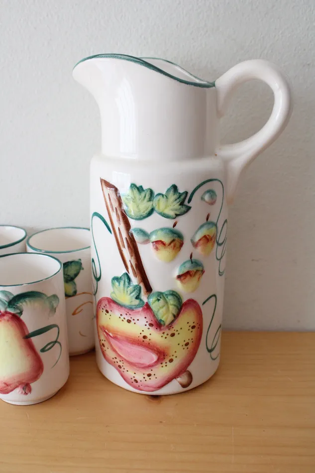 Rings Jubilee Thrift Vintage White Ceramic Fruit Pitcher Glasses Set Of 6