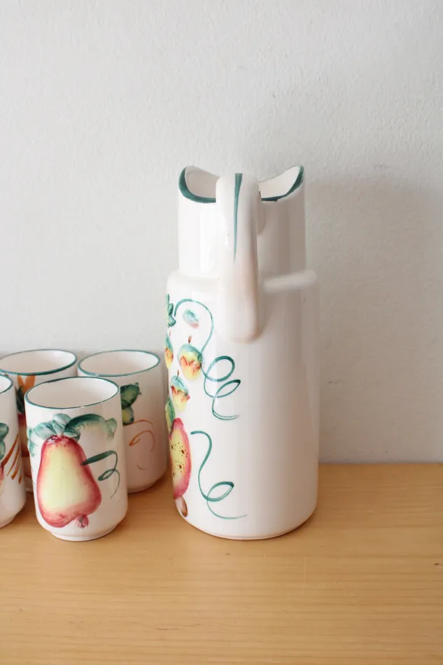 Rings Jubilee Thrift Vintage White Ceramic Fruit Pitcher Glasses Set Of 6