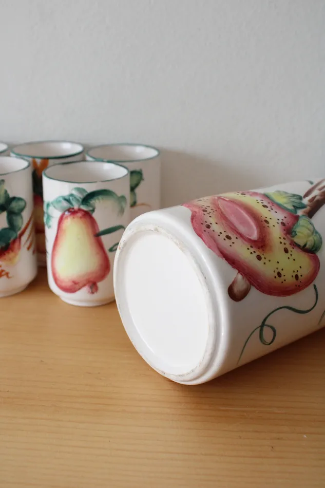 Rings Jubilee Thrift Vintage White Ceramic Fruit Pitcher Glasses Set Of 6