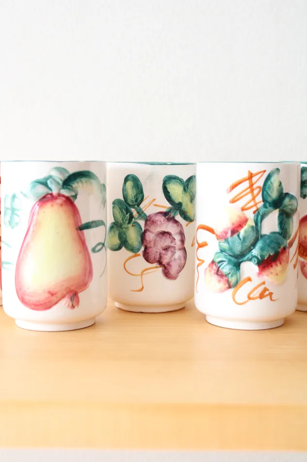 Rings Jubilee Thrift Vintage White Ceramic Fruit Pitcher Glasses Set Of 6