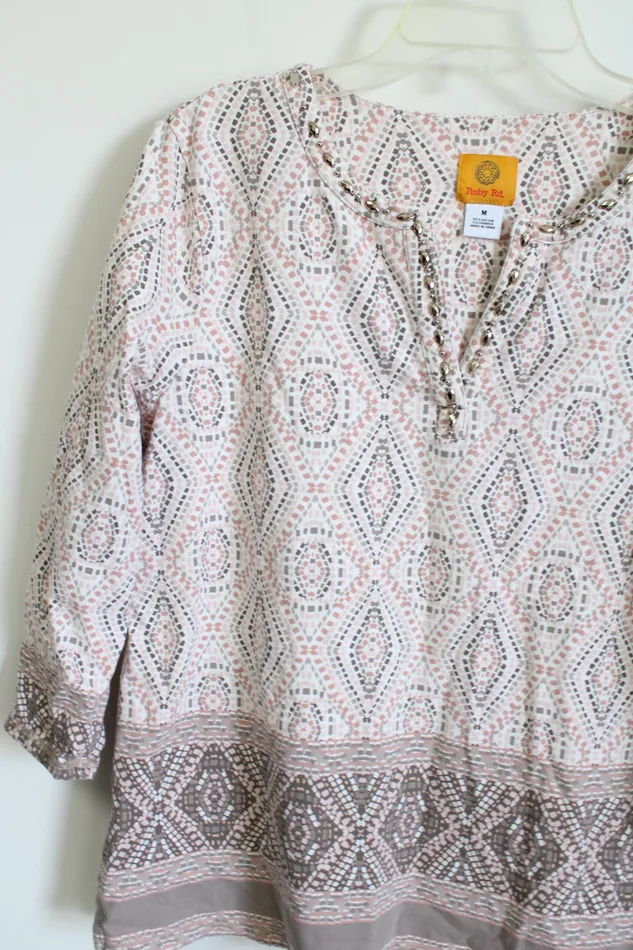 Ruby Rs Pink Gray Patterned Top M Ruby Rd Earrings