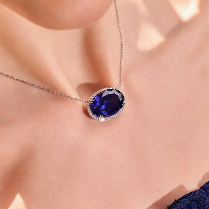 Stephen Silver Fine Jewelry 2550 Carat Tanzanite and Diamond Halo Necklace Necklaces