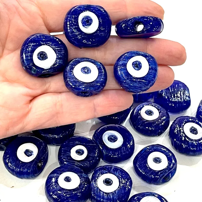 Traditional Turkish Artisan Handmade Glass Navy Evil Eye Beads Large Hole Evil Eye Glass Beads 50 Beads per pack Peppy Beads Necklaces