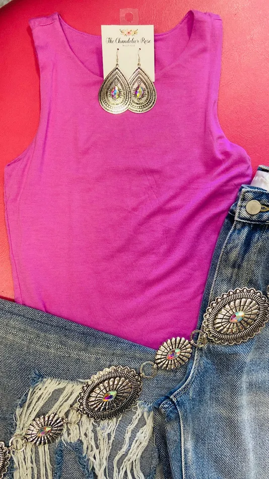 ZENANA Necklaces PREMIUM RAYON DOUBLE LAYERED ROUND NECK TANK TOP BRIGHT MAUVE