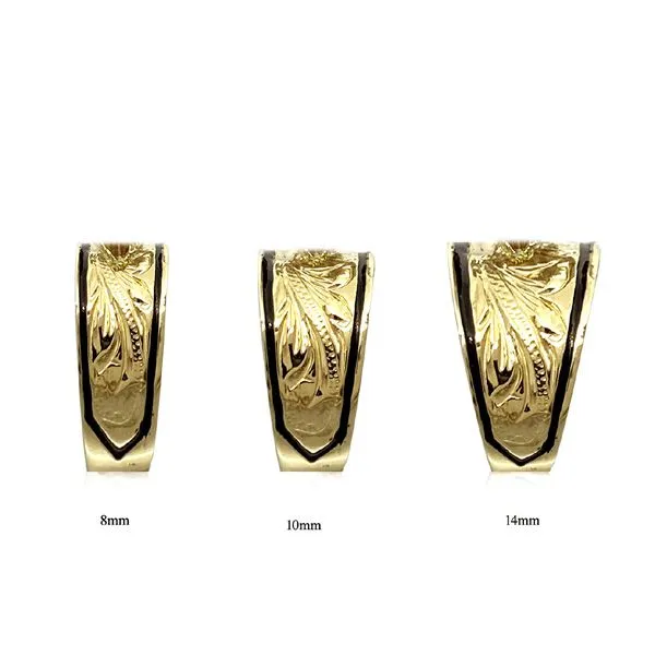 14KT Solid Yellow Gold Asagua Plumeria Scroll Black Border Tapered Ring Rosa Marianas Rings 14KT Solid Yellow Gold Asagua Plumeria Scroll Black Border Tapered Ring Rosa Marianas Rings