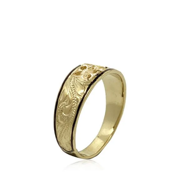 14KT Solid Yellow Gold Asagua Plumeria Scroll Black Border Tapered Ring Rosa Marianas Rings 14KT Solid Yellow Gold Asagua Plumeria Scroll Black Border Tapered Ring Rosa Marianas Rings