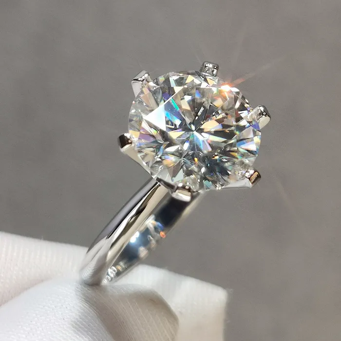 5 Carat Round Cut Moissanite Ring 6 Prong Solitaire Pinched Shank Certified D Color Leyloon Jewelry Rings