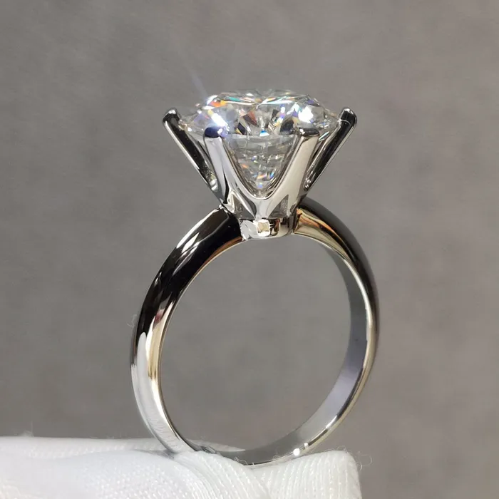 5 Carat Round Cut Moissanite Ring 6 Prong Solitaire Pinched Shank Certified D Color Leyloon Jewelry Rings