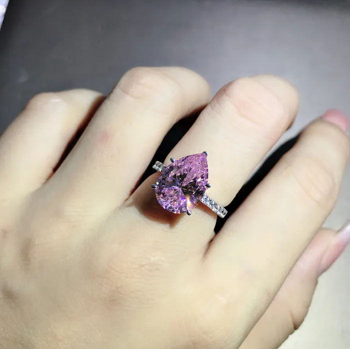 6 Carat Pear Cut Moissanite Pink 5 Claw Basket French Pave Leyloon Jewelry Rings
