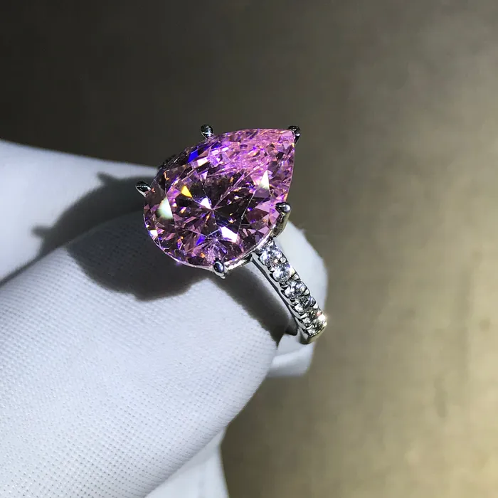 6 Carat Pear Cut Moissanite Pink 5 Claw Basket French Pave Leyloon Jewelry Rings