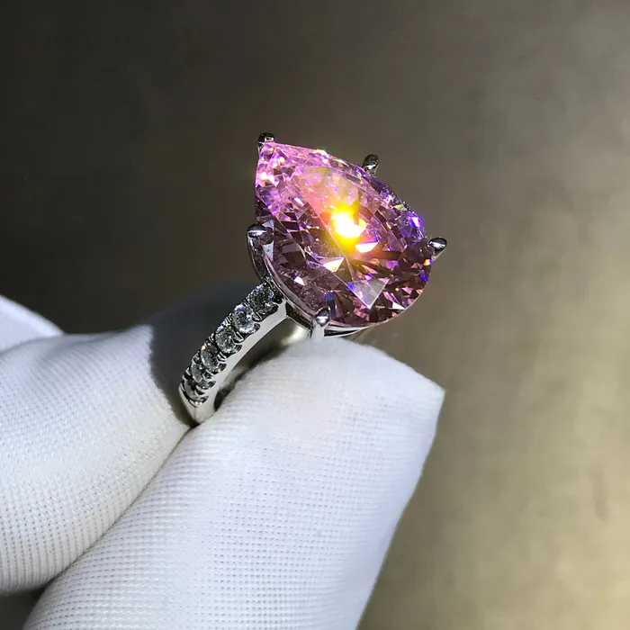 6 Carat Pear Cut Moissanite Pink 5 Claw Basket French Pave Leyloon Jewelry Rings