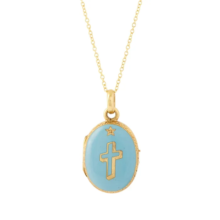 Antique Blue Enamel and 18k Gold Cross Locket Necklaces