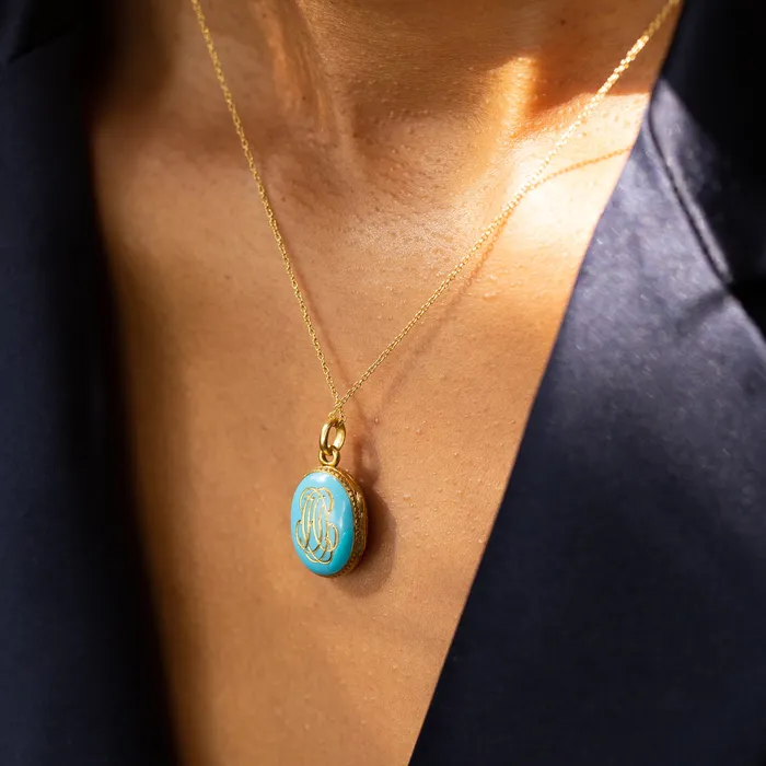 Antique Blue Enamel and 18k Gold Cross Locket Necklaces
