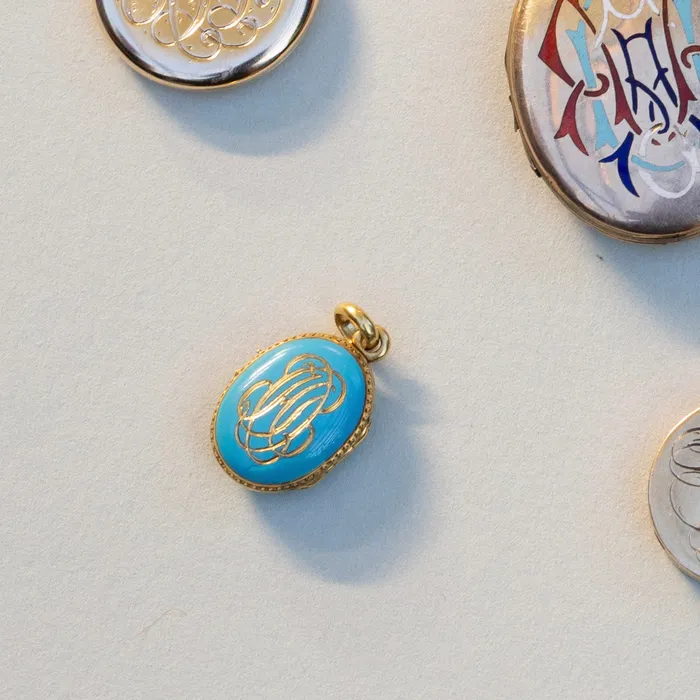 Antique Blue Enamel and 18k Gold Cross Locket Necklaces