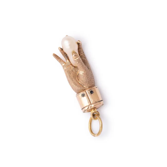 Antique Earrings Victorian Pearl And 10K Gold Hand Charm