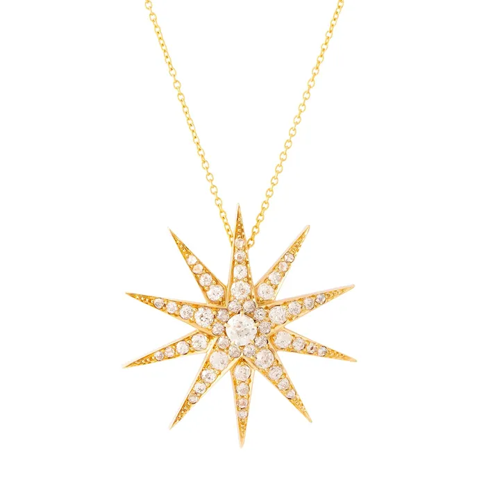 Antique Necklaces Victorian Old Mine Cut Diamond Starburst and 14k Yellow Gold Pendant