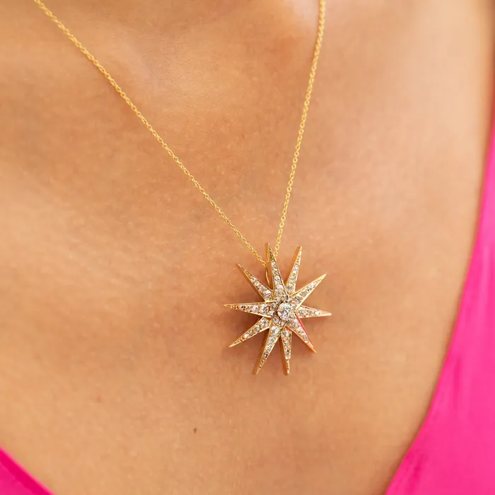 Antique Necklaces Victorian Old Mine Cut Diamond Starburst and 14k Yellow Gold Pendant