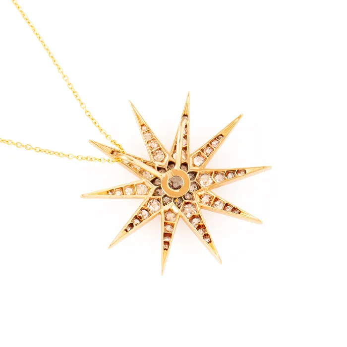 Antique Necklaces Victorian Old Mine Cut Diamond Starburst and 14k Yellow Gold Pendant