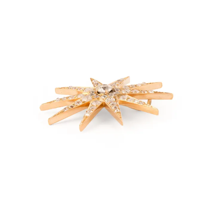 Antique Necklaces Victorian Old Mine Cut Diamond Starburst and 14k Yellow Gold Pendant