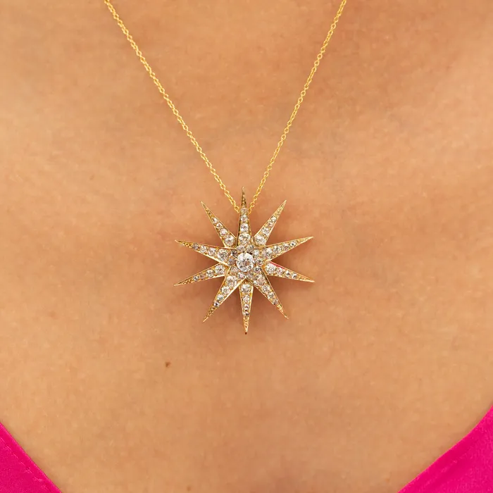Antique Necklaces Victorian Old Mine Cut Diamond Starburst and 14k Yellow Gold Pendant